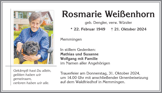 Traueranzeige von Rosmarie Weißenhorn von Memminger Zeitung