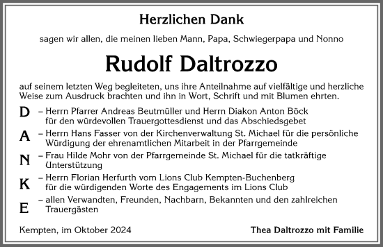 Traueranzeige von Rudolf Daltrozzo von Allgäuer Zeitung,Kempten