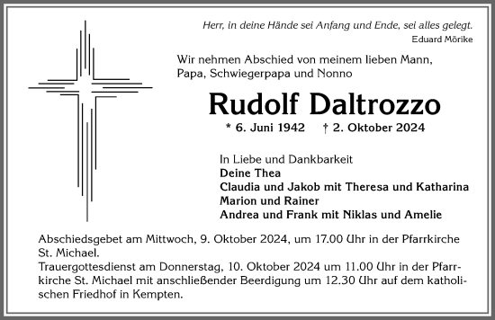 Traueranzeige von Rudolf Daltrozzo von Allgäuer Zeitung,Kempten