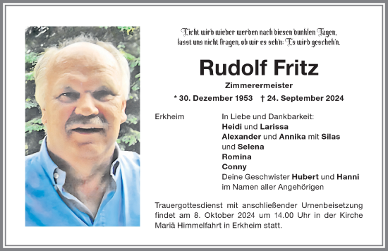 Traueranzeige von Rudolf Fritz von Memminger Zeitung