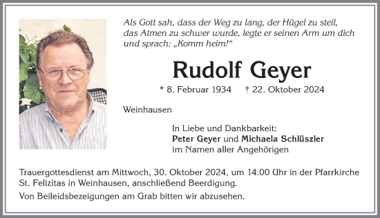 Traueranzeige von Rudolf Geyer von Allgäuer Zeitung, Kaufbeuren/Buchloe