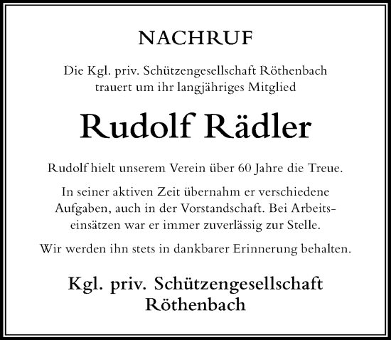Traueranzeige von Rudolf Rädler von Der Westallgäuer