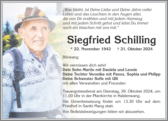 Traueranzeige von Siegfried Schilling von Allgäuer Zeitung,Kempten