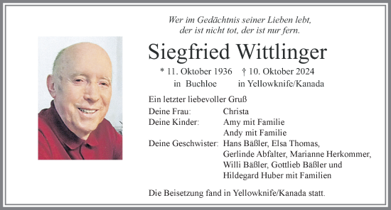 Traueranzeige von Siegfried Wittlinger von Allgäuer Zeitung, Kaufbeuren/Buchloe