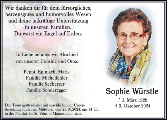 Traueranzeige von Sophie Würstle von Allgäuer Zeitung, Kaufbeuren/Buchloe