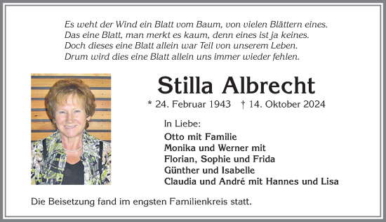 Traueranzeige von Stilla Albrecht von Allgäuer Zeitung,Kempten