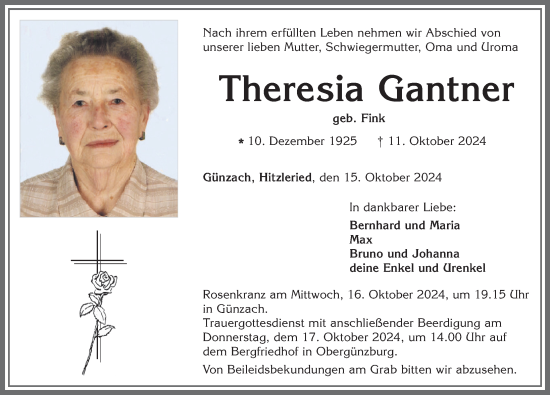 Traueranzeige von Theresia Gantner von Allgäuer Zeitung, Marktoberdorf