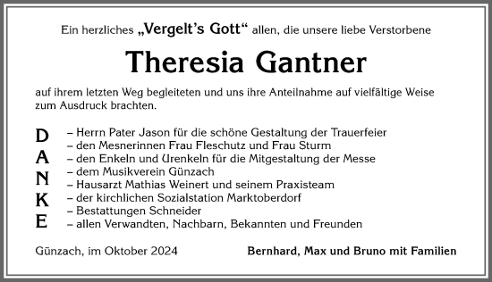 Traueranzeige von Theresia Gantner von Allgäuer Zeitung, Marktoberdorf
