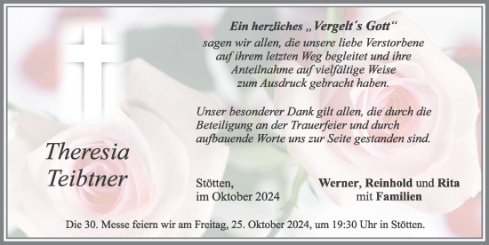 Traueranzeige von Theresia Teibtner von Allgäuer Zeitung, Marktoberdorf
