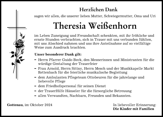 Traueranzeige von Theresia Weißenhorn von Memminger Zeitung