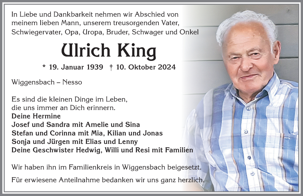  Traueranzeige für Ulrich King vom 19.10.2024 aus Allgäuer Zeitung,Kempten