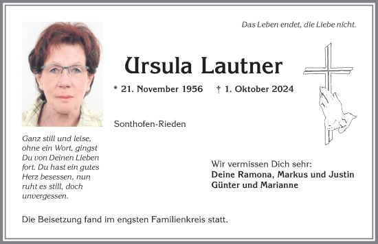 Traueranzeige von Ursula Lautner von Allgäuer Anzeigeblatt