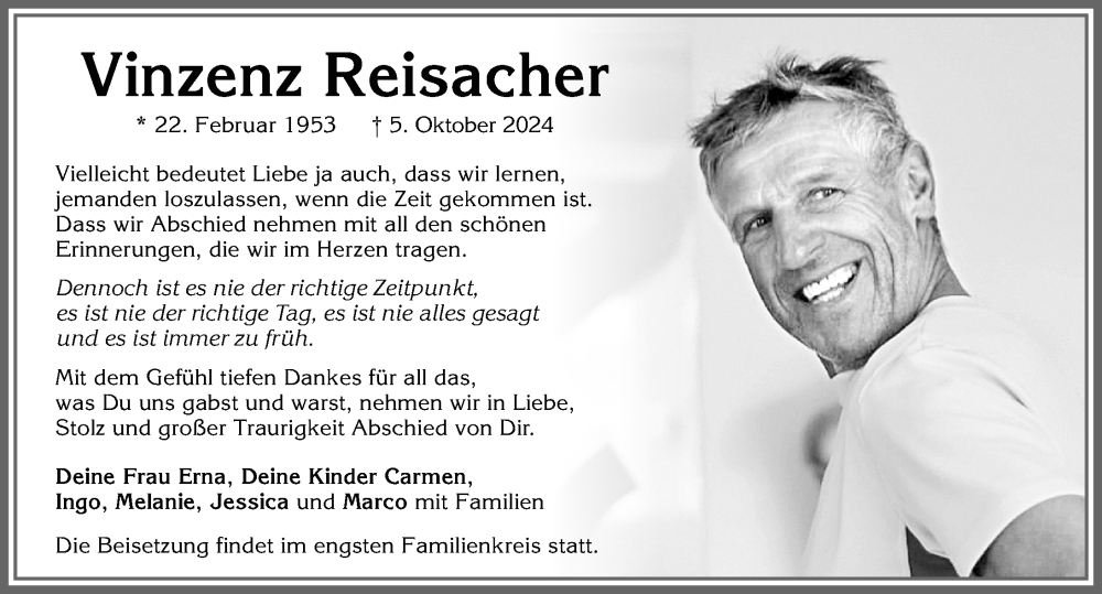  Traueranzeige für Vinzenz Reisacher vom 10.10.2024 aus Memminger Zeitung