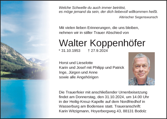 Traueranzeige von Walter Koppenhöfer von Allgäuer Zeitung,Kempten