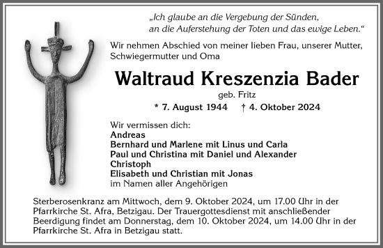 Traueranzeige von Waltraud Kreszenzia Bader von Allgäuer Zeitung,Kempten
