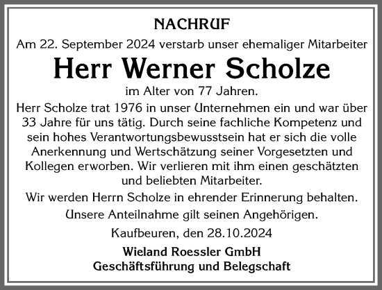 Traueranzeige von Werner Scholze von Allgäuer Zeitung, Kaufbeuren/Buchloe