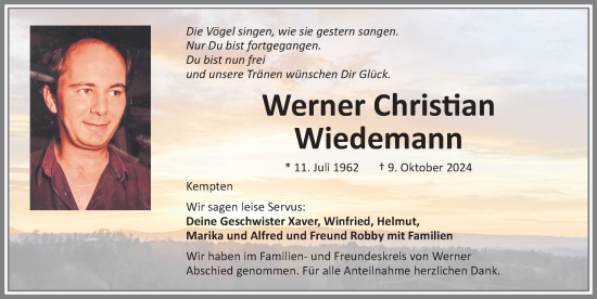 Traueranzeige von Werner Christian Wiedemann von Allgäuer Zeitung,Kempten