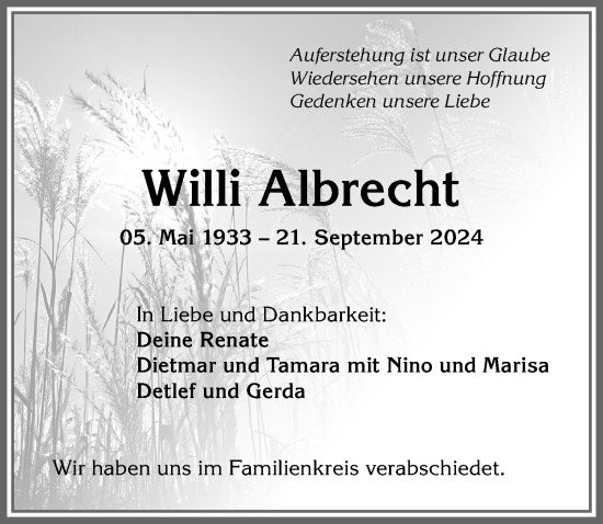 Traueranzeige von Willi Albrecht von Allgäuer Anzeigeblatt