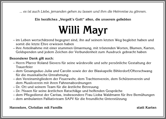 Traueranzeige von Willi Mayr von Allgäuer Anzeigeblatt