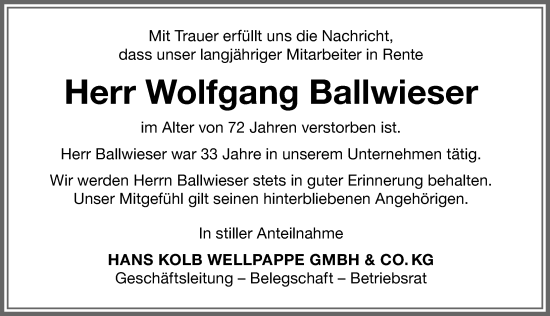 Traueranzeige von Wolfgang Ballwieser von Memminger Zeitung