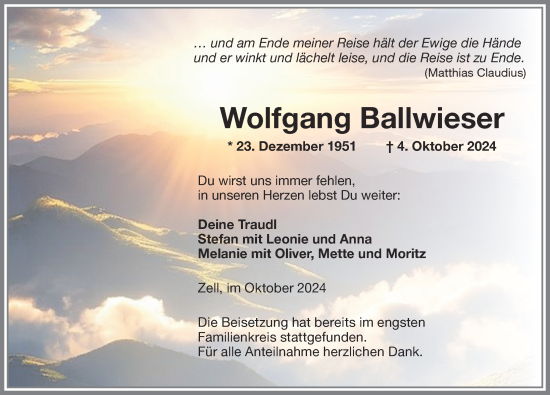 Traueranzeige von Wolfgang Ballwieser von Memminger Zeitung