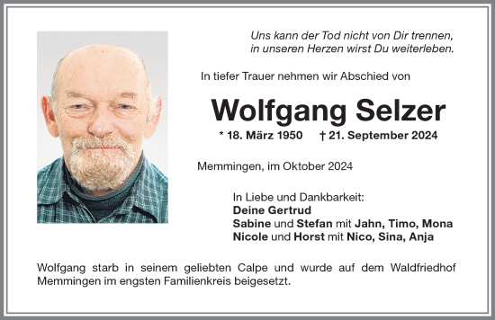Traueranzeige von Wolfgang Selzer von Memminger Zeitung