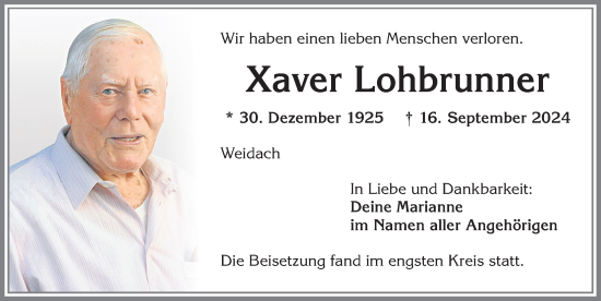 Traueranzeige von Xaver Lohbrunner von Allgäuer Zeitung,Kempten