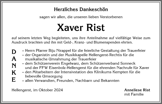 Traueranzeige von Xaver Rist von Allgäuer Zeitung,Kempten