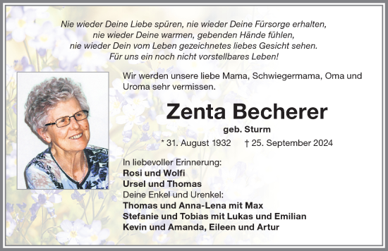 Traueranzeige von Zenta Becherer von Allgäuer Zeitung,Kempten