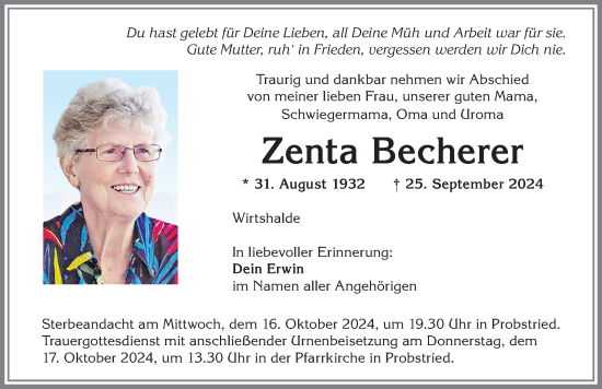 Traueranzeige von Zenta Becherer von Allgäuer Zeitung,Kempten