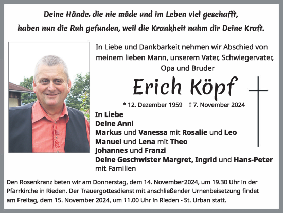 Traueranzeige von Erich Köpf von Allgäuer Zeitung, Füssen