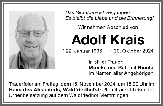 Traueranzeige von Adolf Krais von Memminger Zeitung