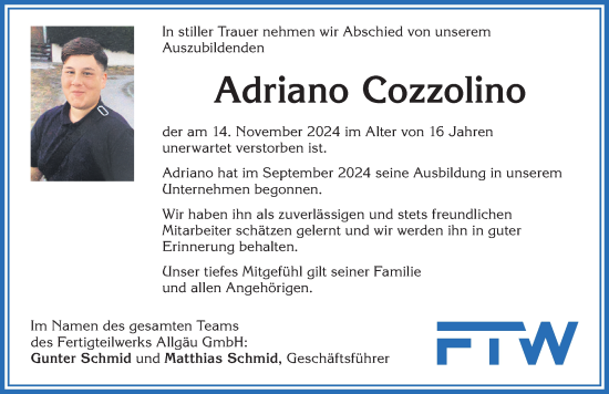 Traueranzeige von Adriano Cozzolino von Allgäuer Zeitung, Kaufbeuren/Buchloe