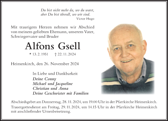 Traueranzeige von Alfons Gsell von Der Westallgäuer