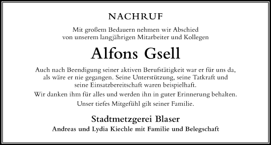 Traueranzeige von Alfons Gsell von Der Westallgäuer