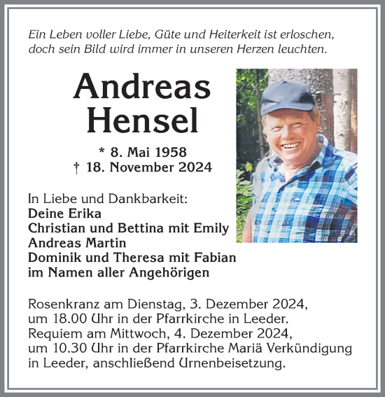 Traueranzeige von Andreas Hensel von Allgäuer Zeitung, Kaufbeuren/Buchloe