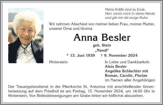 Traueranzeige von Anna Besler von Allgäuer Anzeigeblatt