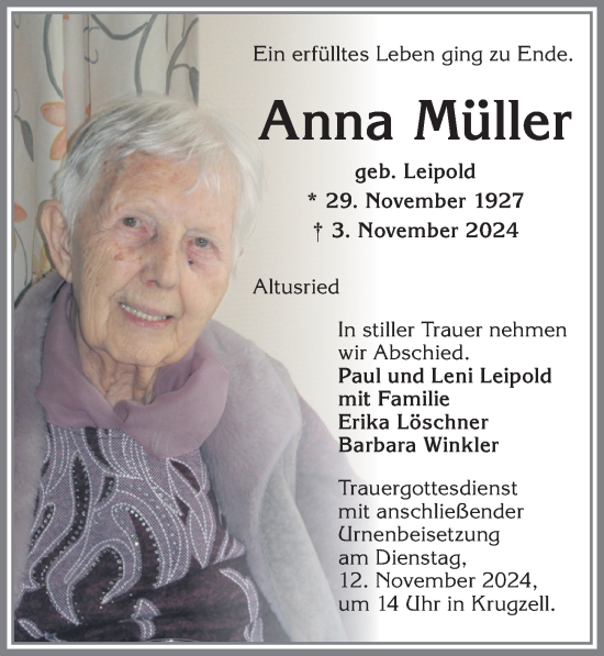 Traueranzeige von Anna Müller von Allgäuer Zeitung,Kempten