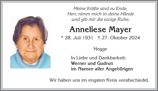 Traueranzeige von Anneliese Mayer von Allgäuer Zeitung,Kempten