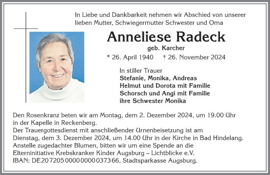 Traueranzeige von Anneliese Radeck von Allgäuer Anzeigeblatt