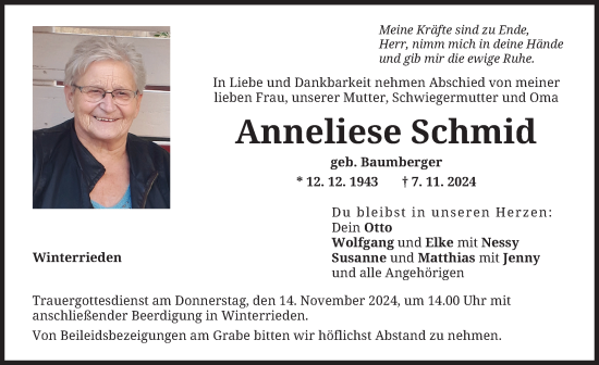 Traueranzeige von Anneliese Schmid von Memminger Zeitung