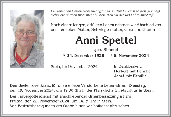 Traueranzeige von Anni Spettel von Allgäuer Anzeigeblatt