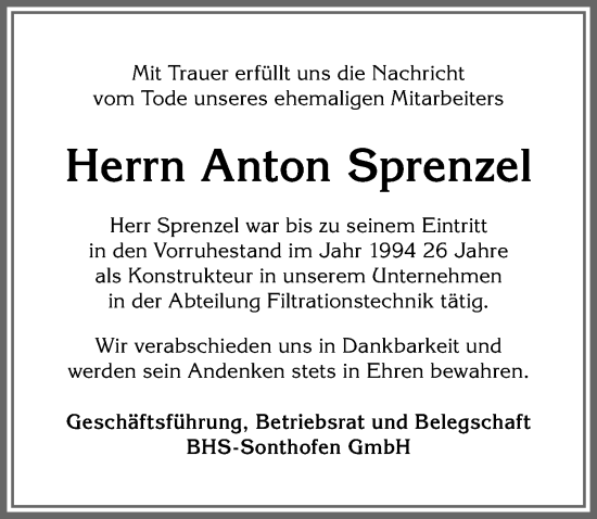 Traueranzeige von Anton Sprenzel von Allgäuer Anzeigeblatt