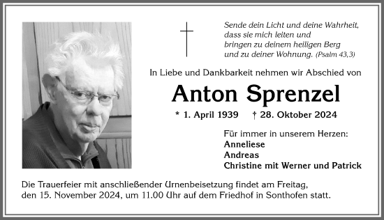 Traueranzeige von Anton Sprenzel von Allgäuer Anzeigeblatt