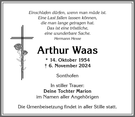 Traueranzeige von Arthur Waas von Allgäuer Anzeigeblatt