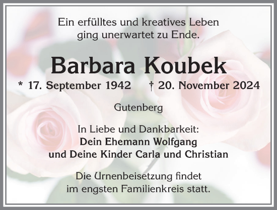 Traueranzeige von Barbara Koubek von Allgäuer Zeitung, Kaufbeuren/Buchloe