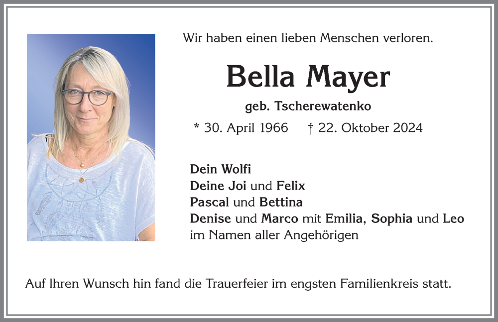  Traueranzeige für Bella Mayer vom 16.11.2024 aus Allgäuer Zeitung,Kempten