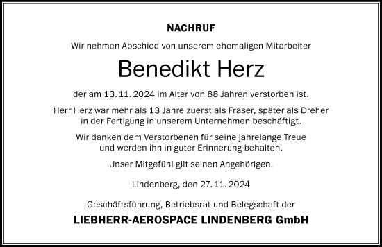Traueranzeige von Benedikt Herz von Der Westallgäuer