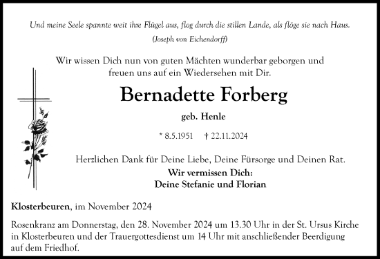 Traueranzeige von Bernadette Forberg von Memminger Zeitung