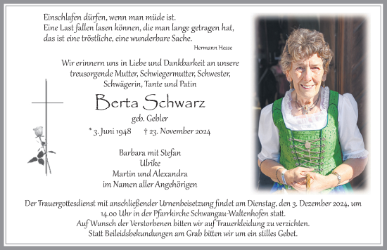 Traueranzeige von Berta Schwarz von Allgäuer Zeitung, Füssen